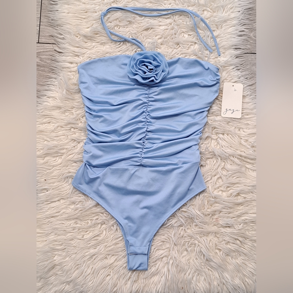 Brand New Ladies Gaze Blue One Piece Halter Top With Rose Flower Design